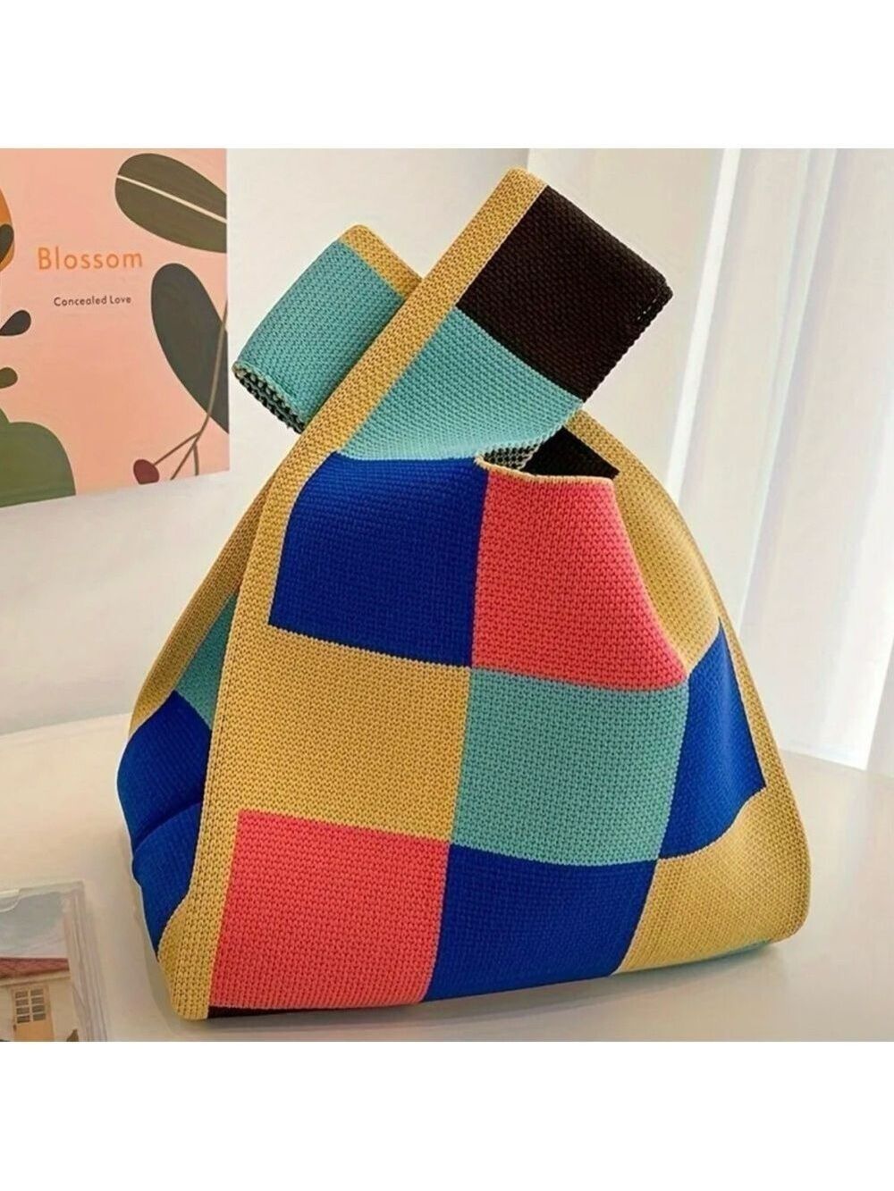 Heavy Woven Knit Block Pattern Tote Purse Bag Japanese Knot  Closure Style